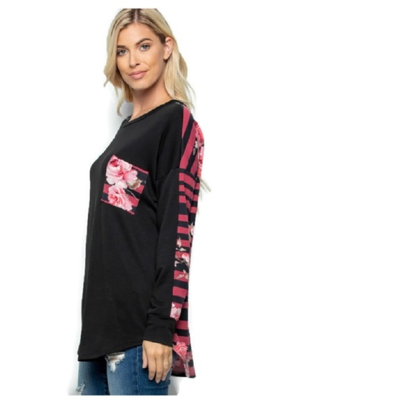 Floral Contrast Long Sleeve Top w/ Front Pocket - Picture 3 of 8